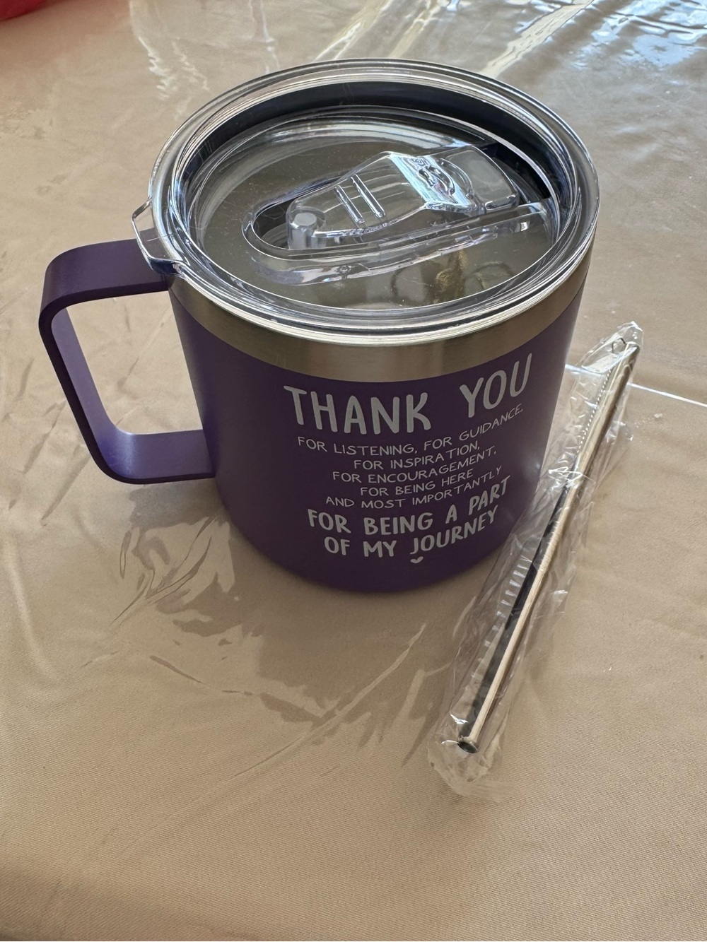 Purple Travel Mug with Lid & Straw - thank you for being part of my journey